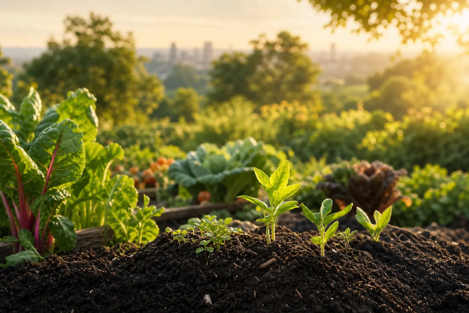 Vegetable seedlings in dark compost